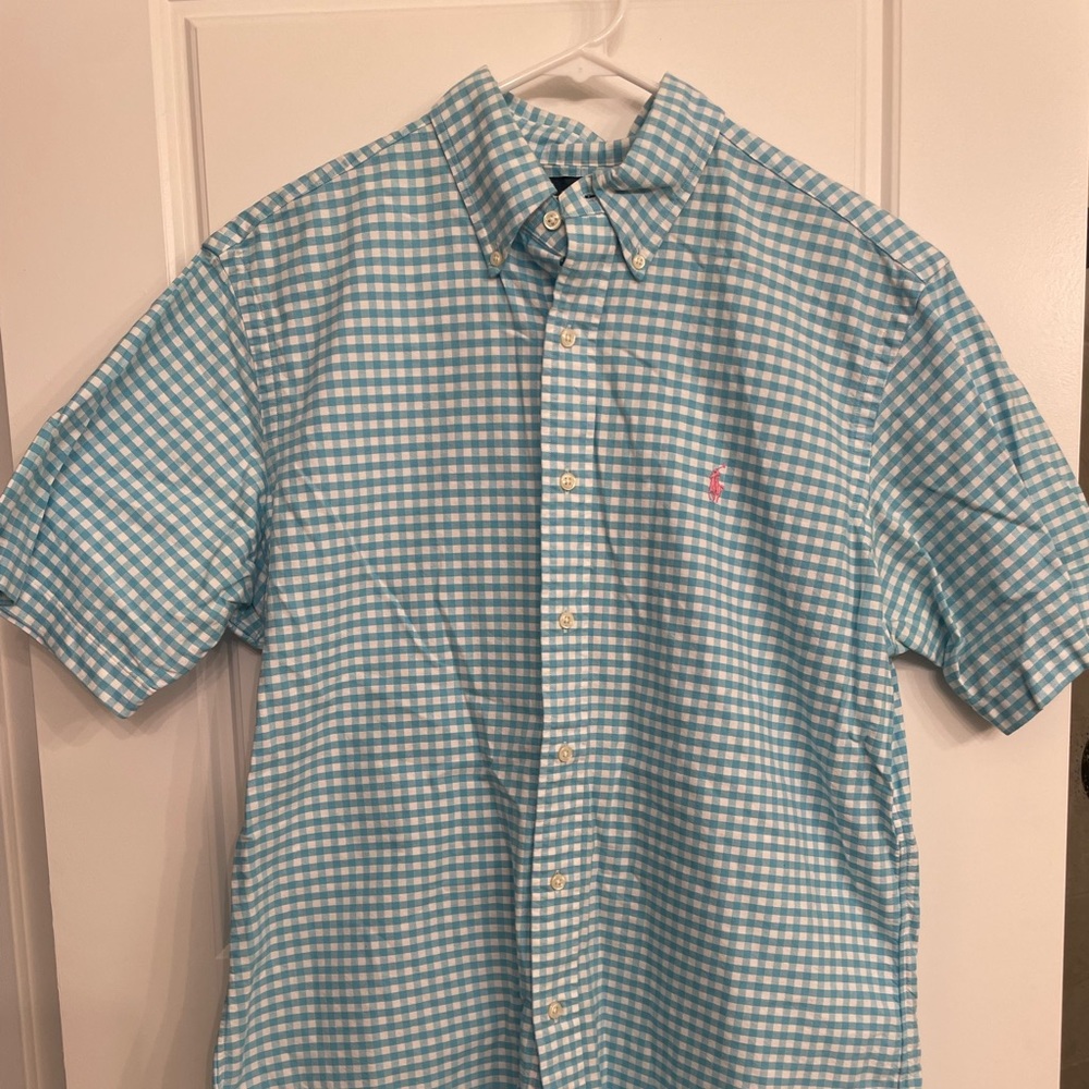 Ralph Lauren teal gingham short sleeve button up